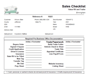 Sample document on EverLogic dealership management software. This document is a checklist for sales. All state-required forms are included in EverLogic's implementation fee, though custom documents do have an extra price.