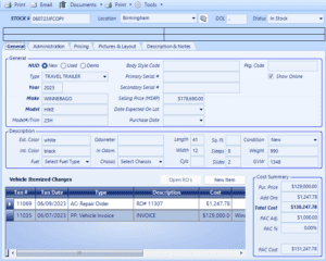 General information on units in dealer's inventory on EverLogic dealership management software.