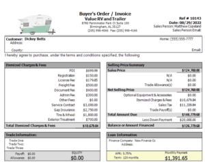 Example of what a buyer's order, or invoice, might look like on EverLogic dealership management software.