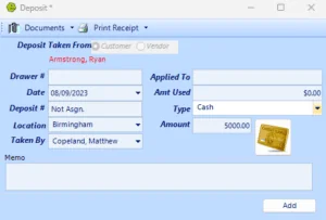 Screen containing how EverLogic's dealership management software accepts payments. This particular box is to accept a payment for a deposit.