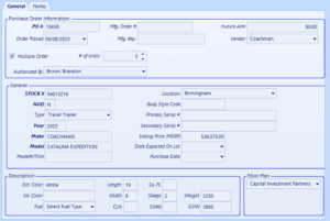 Unit purchase order on EverLogic dealership management software. Dealers can purchase one or multiple units for their supplier directly from EverLogic DMS.